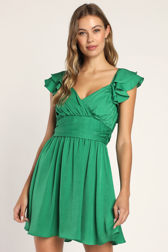 Green Mini Dress - Ruffled Dress - Short Sleeve Skater Dress - Lulus