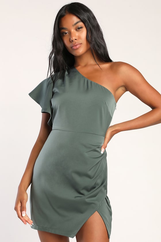Be The One Dark Sage Satin One-Shoulder Faux Wrap Mini Dress 7