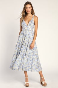 Brightly Blossoming Light Blue Floral Tiered Midi Dress