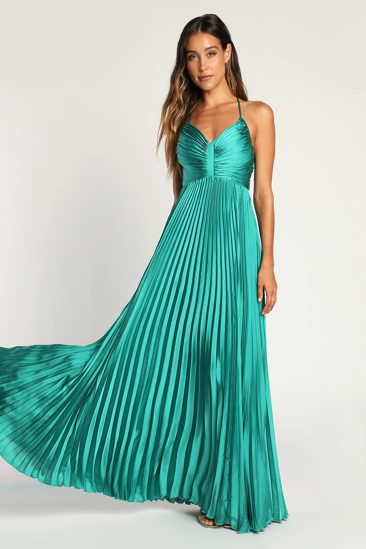 Dreaming in Color Green V-Neck Pleated Satin Maxi Dress