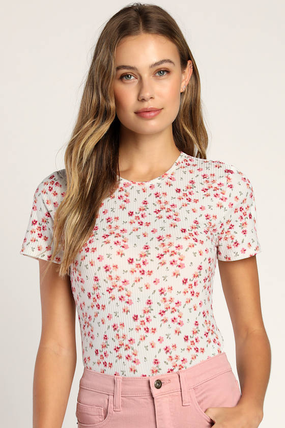 Ivory Floral Bodysuit Short Sleeve Bodysuit Ribbed Bodysuit Lulus