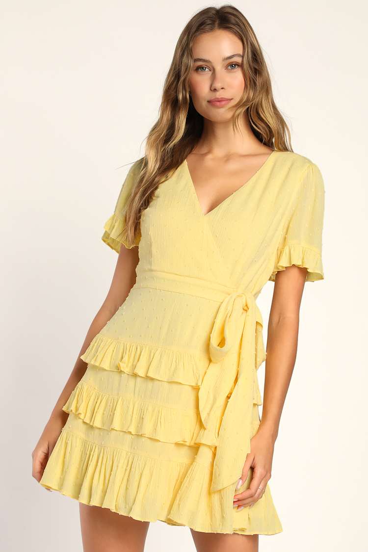 Yellow Swiss Dot Dress - Tiered Mini Dress - Short Sleeve Dress - Lulus