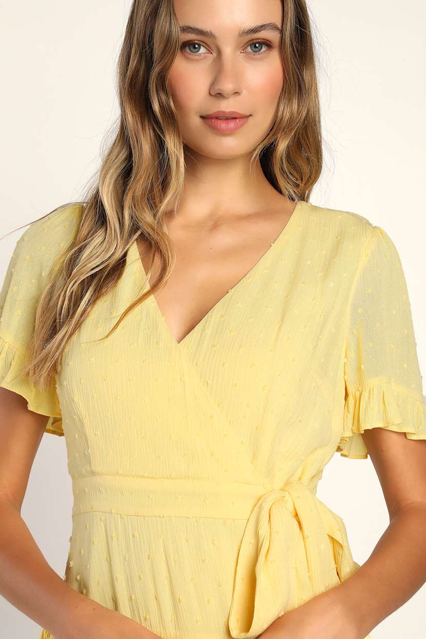 Yellow Swiss Dot Dress - Tiered Mini Dress - Short Sleeve Dress - Lulus