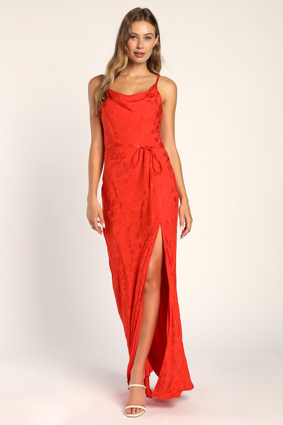 Lulus Floral Flirtations Red Orange Satin Floral Jacquard Maxi Dress