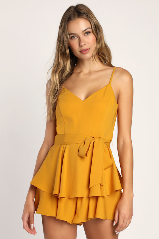 Mustard Yellow Romper Ruffled Romper Sleeveless Romper Lulus