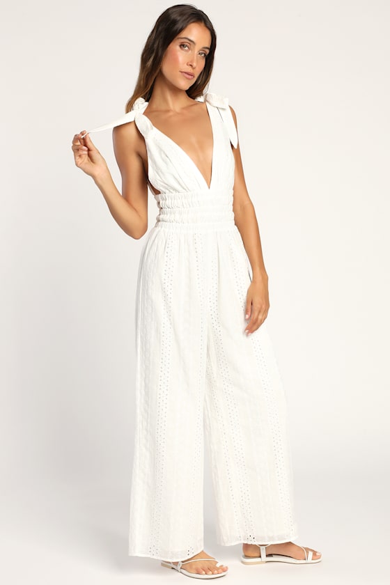 White WideLeg Jumpsuit Tie Strap Jumpsuit Eyelet Jumpsuit Lulus