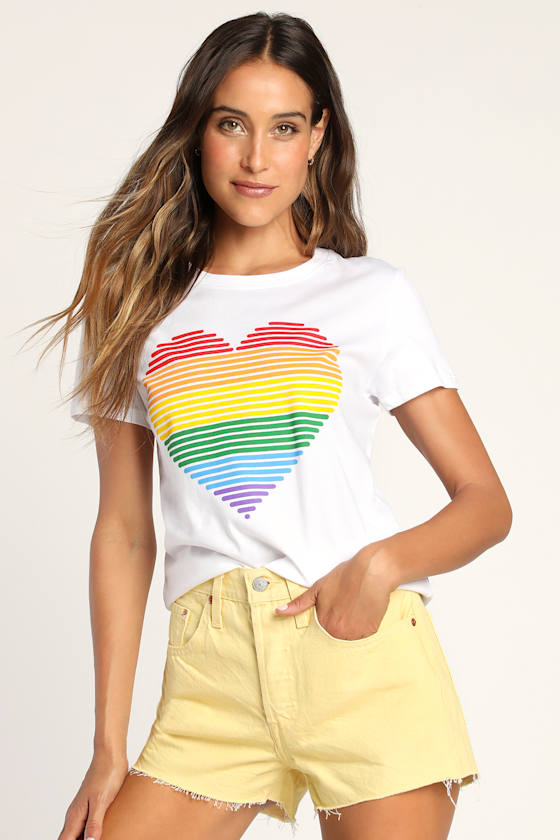 Rainbow Heart White Crew Neck Graphic Tee 5