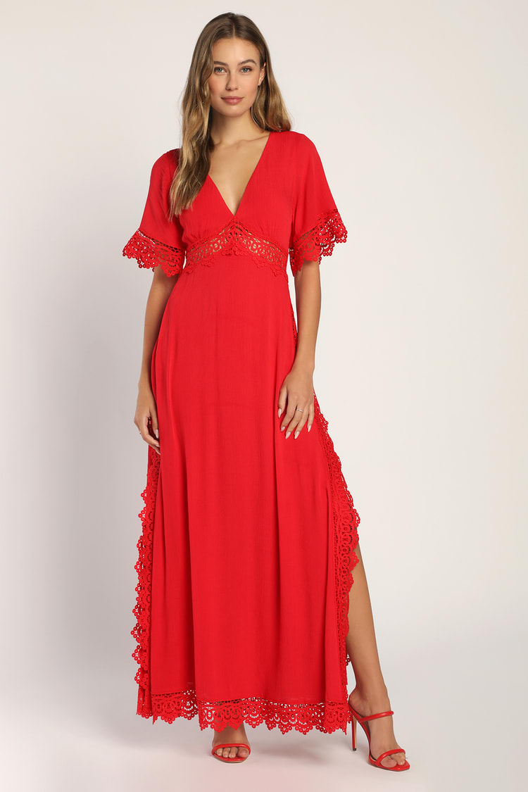 Sweeten the Occasion Red Lace Short Sleeve Maxi Dress