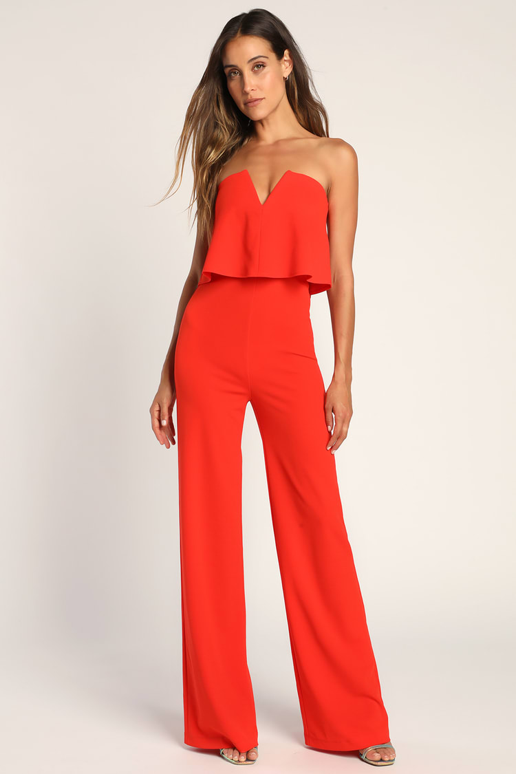 Red Orange Jumpsuit - Strapless Jumpsuit - Wide Leg Jumpsuit - Lulus
