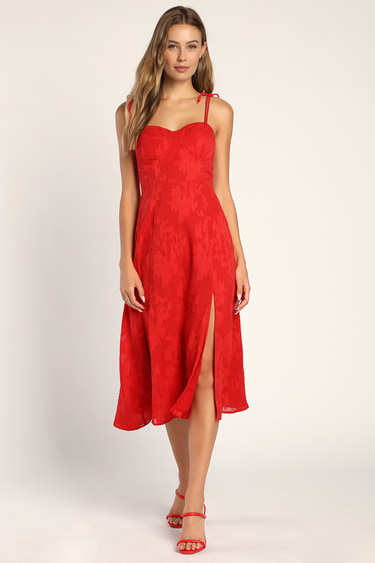 Loveliest Looks Red Floral Jacquard Tie-Strap Midi Dress