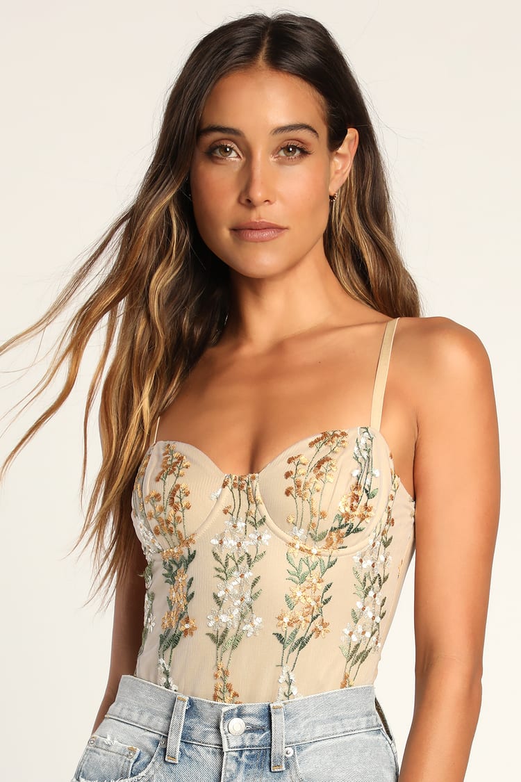 Beige Embroidered Bodysuit - Bustier Bodysuit - Floral Bodysuit - Lulus