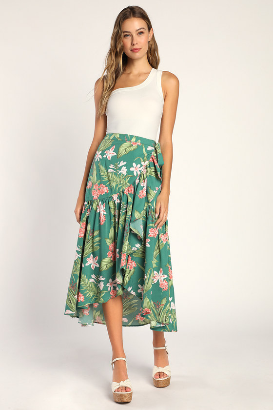 Green Tropical Print Skirt - Ruffled High-Low Skirt - Wrap Skirt - Lulus