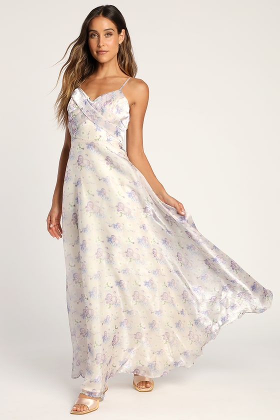 Cream Floral Print Maxi Dress - Organza Maxi Dress - A-Line Gown - Lulus