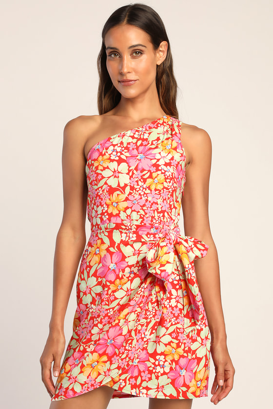 Summery Side Red Floral Asymmetrical Faux-Wrap Mini Dress