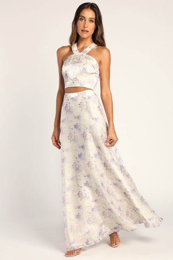 Gorgeous Entrance Cream Floral Print Two Piece Halter Maxi Dress