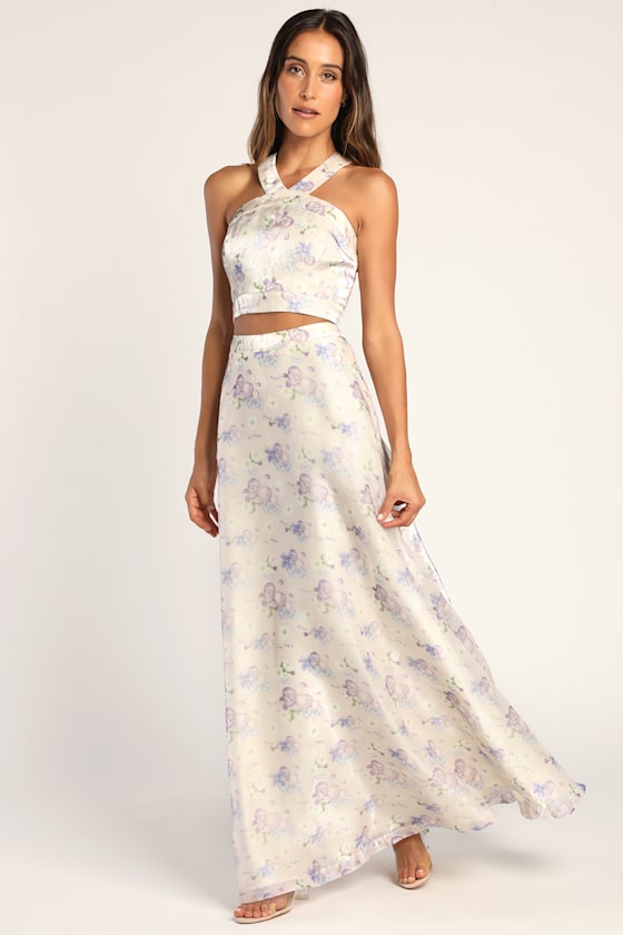 Gorgeous Entrance Cream Floral Print Two-Piece Halter Maxi Dress 2