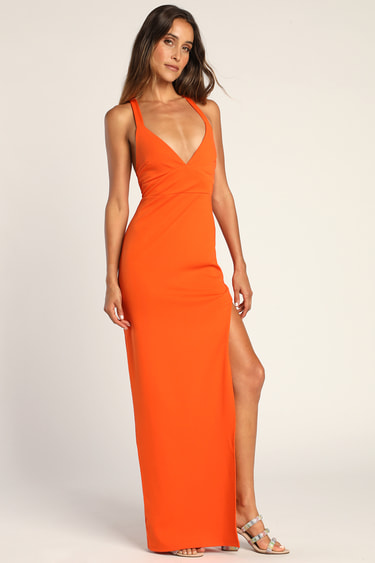 Romantic Intent Orange Lace-Up Bodycon Maxi Dress