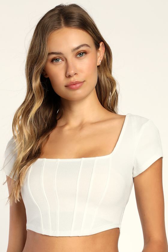 White Crop Top Corset Seam Top Ribbed Knit Crop Top Lulus
