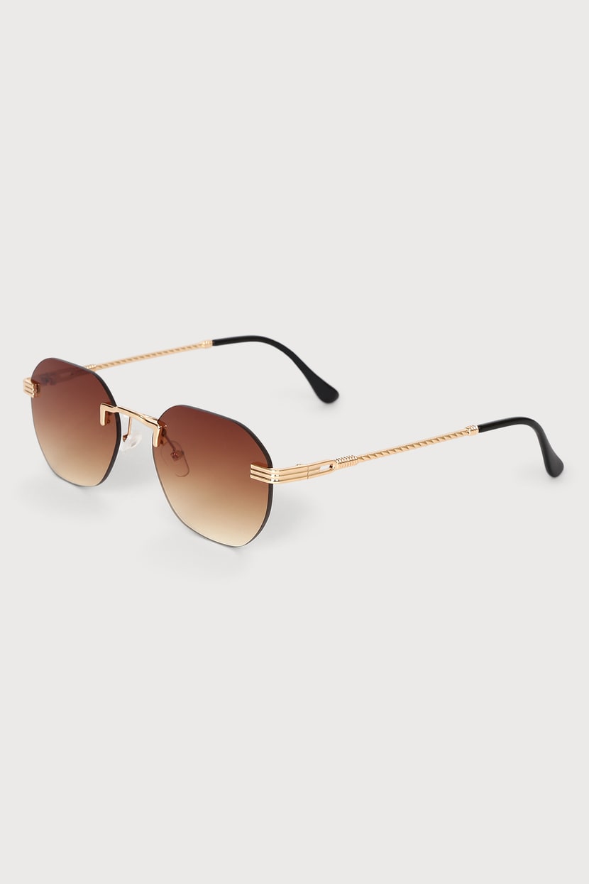 Womens Gold And Brown Shaded Pilot Sunglasses Fashionable Rimless Eye Wear  For Summer Parties Comes With A Stylish Pizza Hut Box From Jenlsky, $46.5