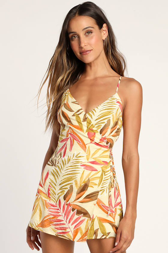 Exotic Allure Yellow Tropical Print Faux Wrap Romper 2