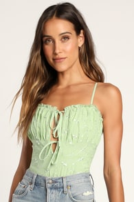 Romance the Room Sage Green Embroidered Tie-Front Bodysuit