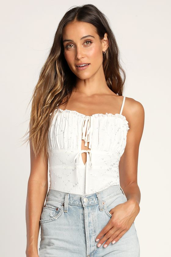 White Bodysuit TieFront Bodysuit Embroidered Bodysuit Lulus