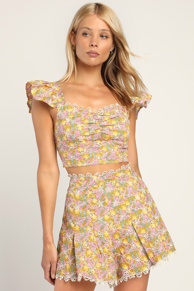 Sweeter than Ever Yellow Floral Eyelet Lace High-Waisted Shorts
