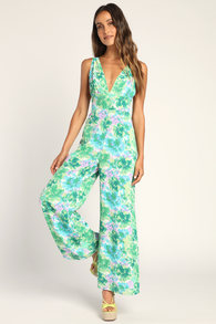 Jump into Blossom Green Floral Print Wide Leg Jumpsuit