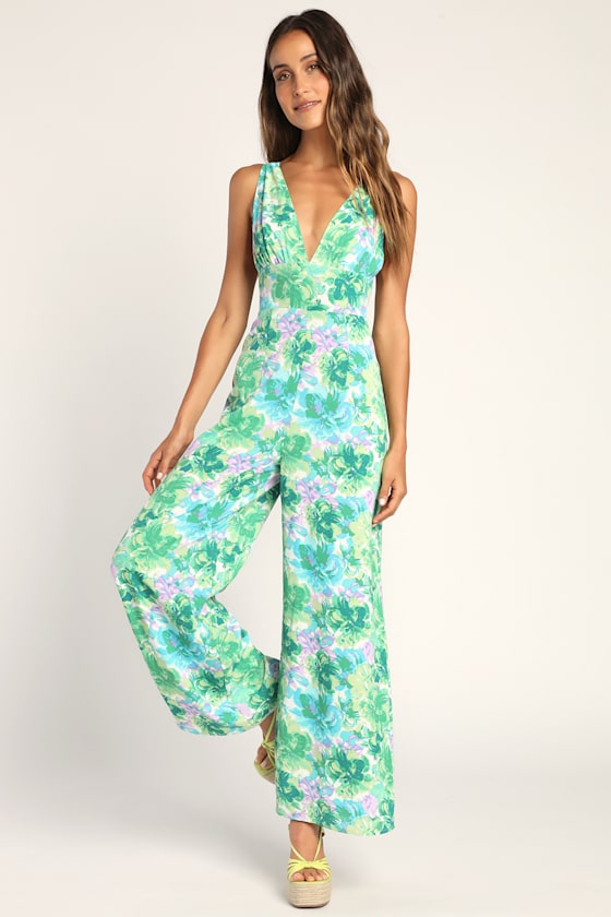 Jump into Blossom Green Floral Print Wide Leg Jumpsuit 1