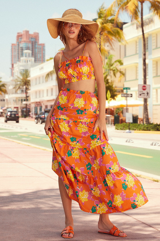 Orange skirt with floral print | Loavies