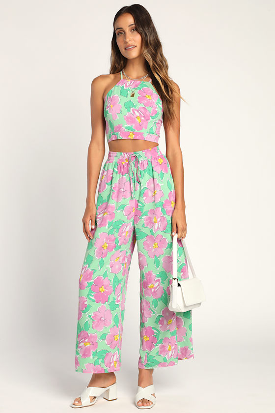 Green Floral Print Wide-Leg Pants | Womens | Medium (Available in XS, S, L, XL) | 100% Polyester | Lulus