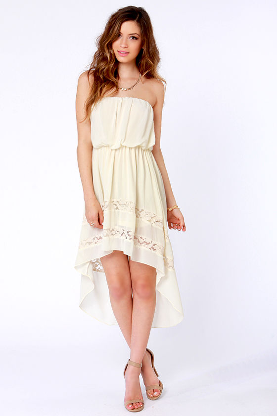 Cute Strapless Dress Cream Dress HighLow Dress 35.00 Lulus