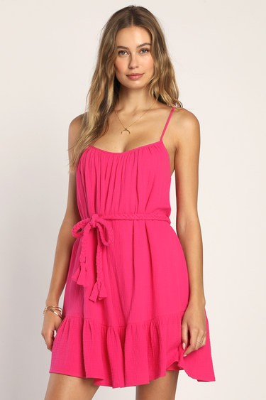 Cinched It Magenta Ruffled Belted Shift Mini Dress