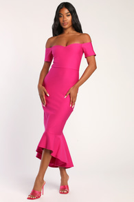 How Much I Care Magenta Off-the-Shoulder Midi Dress