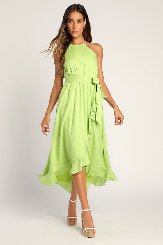 Bright Expression Lime Green Faux-Wrap Ruffled Midi Dress 2