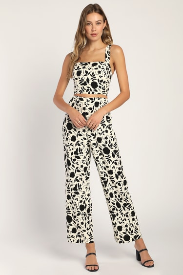 Endlessly Sweet Cream Floral Print High-Waisted Wide-Leg Pants
