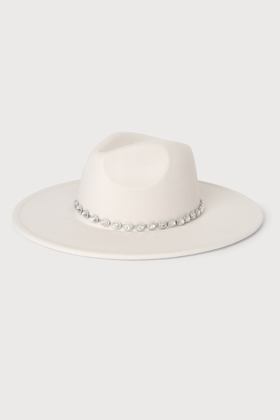Cream Fedora Hat - Rhinestone Hat 