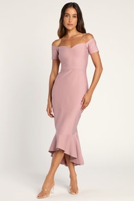 How Much I Care Mauve Off-the-Shoulder Midi Dress