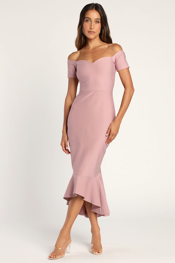 How Much I Care Mauve Off-the-Shoulder Midi Dress 1