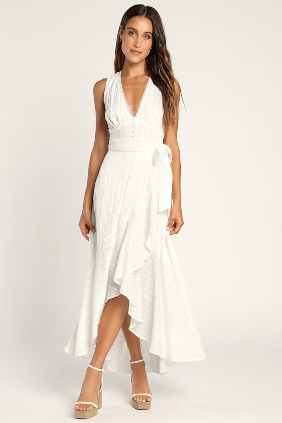 MM LONG DRESS IN WHITE TEXTURED FABRIC WITH BELT