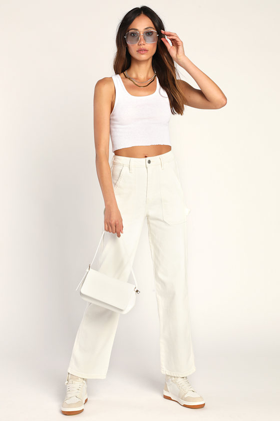 Perfect Idea Washed Off White High Rise Slim Leg Carpenter Jeans 1
