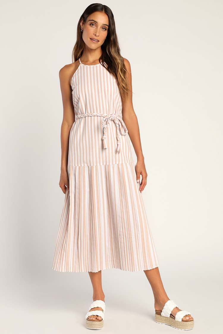 Ivory Striped Midi Dress - Pleated Drop Waist Dress - Shift Dress
