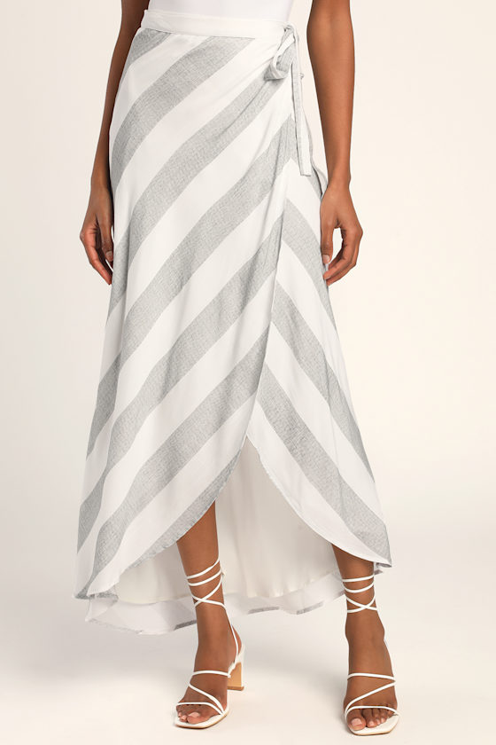 Golden Sunset Grey and White Striped Wrap Maxi Skirt 6