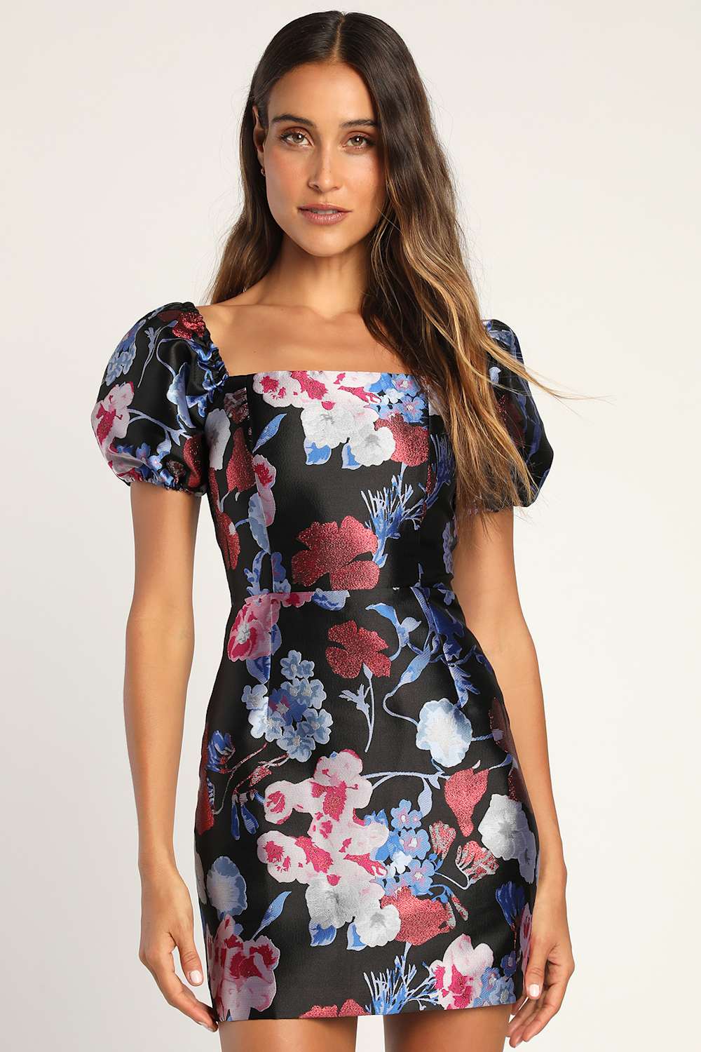 So Stunning Black Multi Floral Jacquard Puff Sleeve Mini Dress