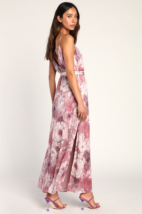 Purple Floral Dress - Lurex Maxi Dress - Slit Belted Maxi