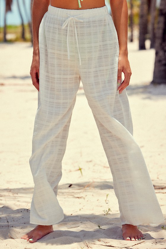 Best Escape White Plaid Drawstring Swim Cover-Up Pants 3
