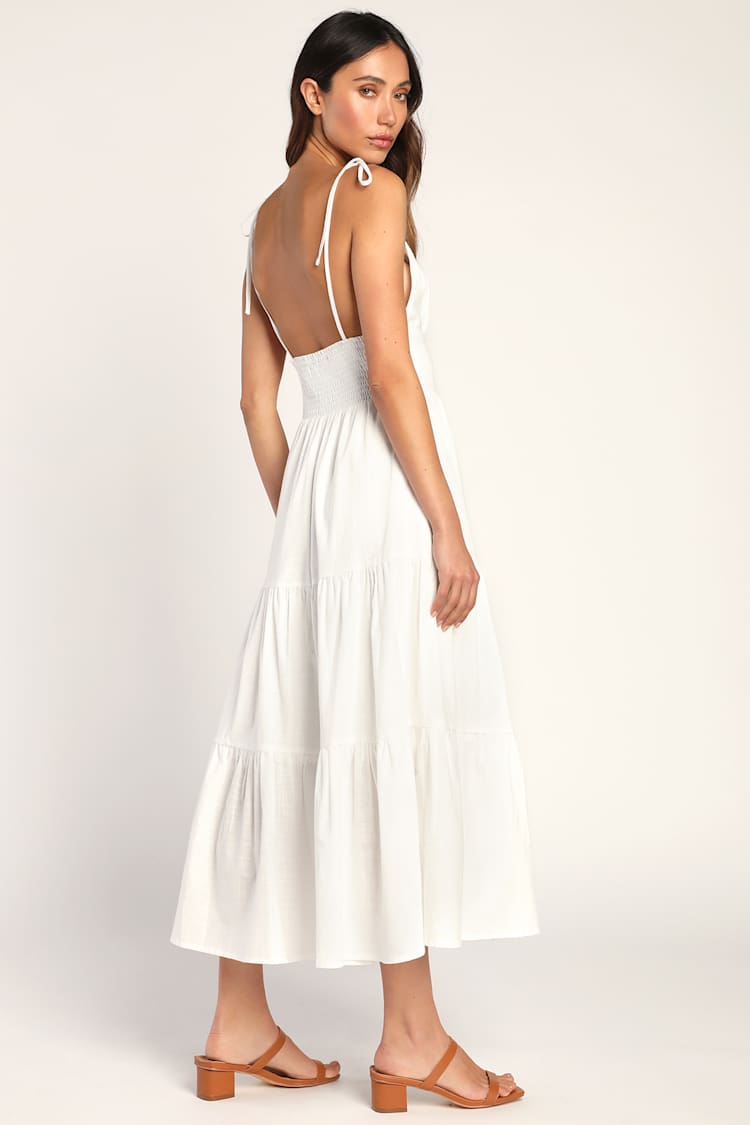 Being Beautiful White Tie-Strap Tiered Midi Dress