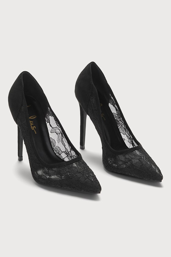 Pointed Toe Heels with Sheer Lace Design - Cream main image 1