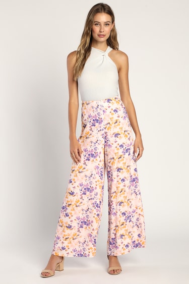 Blooming and Thriving Blush Pink Floral Print Wide Leg Pants