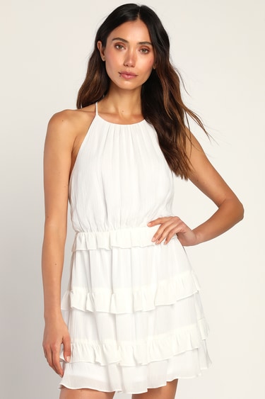 Tier You On White Tiered Halter Mini Dress